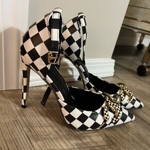 Checkered Black and White Heels with Gold Accents